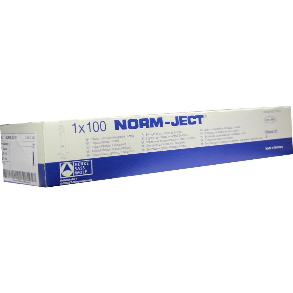 Eine blaue und weiße Verpackung mit 100 Einwegspritzen.