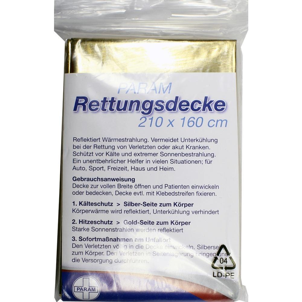 Eine goldene Rettungsdecke in einer transparenten Verpackung mit Textanweisungen.