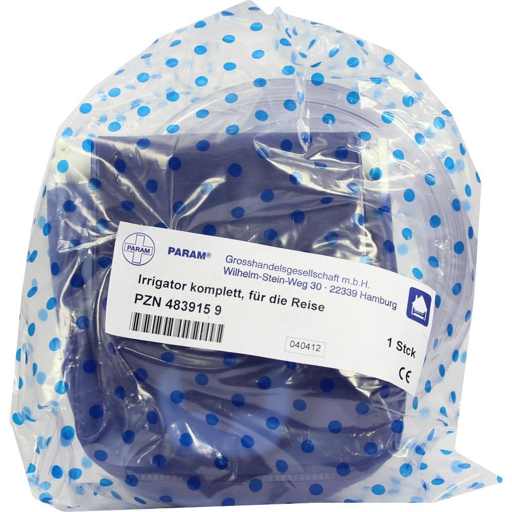 Ein verpackter Irrigator für die Reise mit blau gepunkteter Plastikfolie.