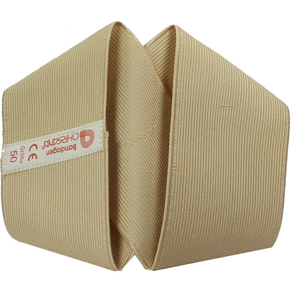 Beiges elastisches Band mit Etikett, aufgerollt und gefaltet.