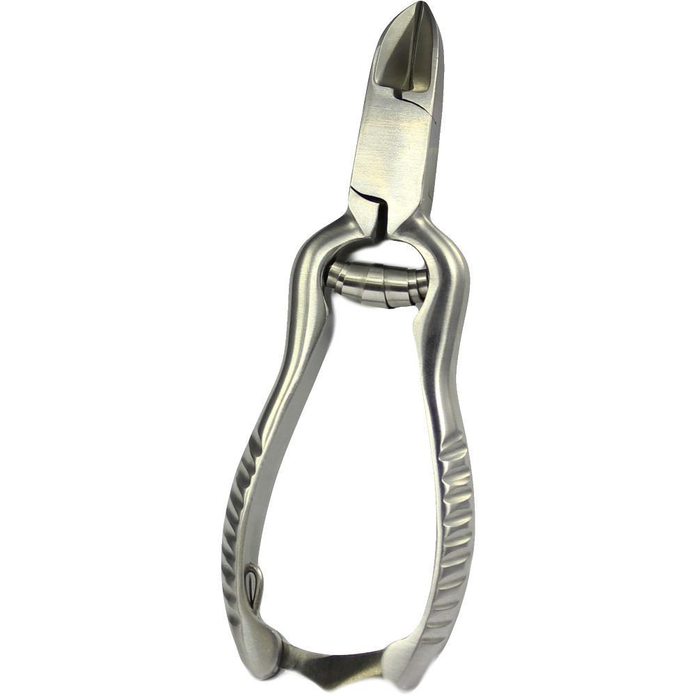 Silberne Nagelzange mit gebogenen Griffen.