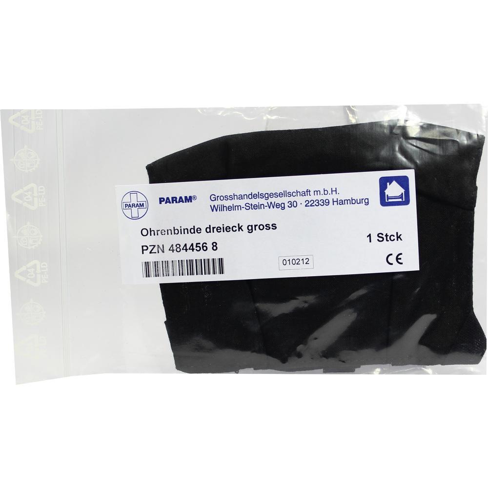 Verpackte, große, schwarze Ohrenbinde mit weißem Etikett.