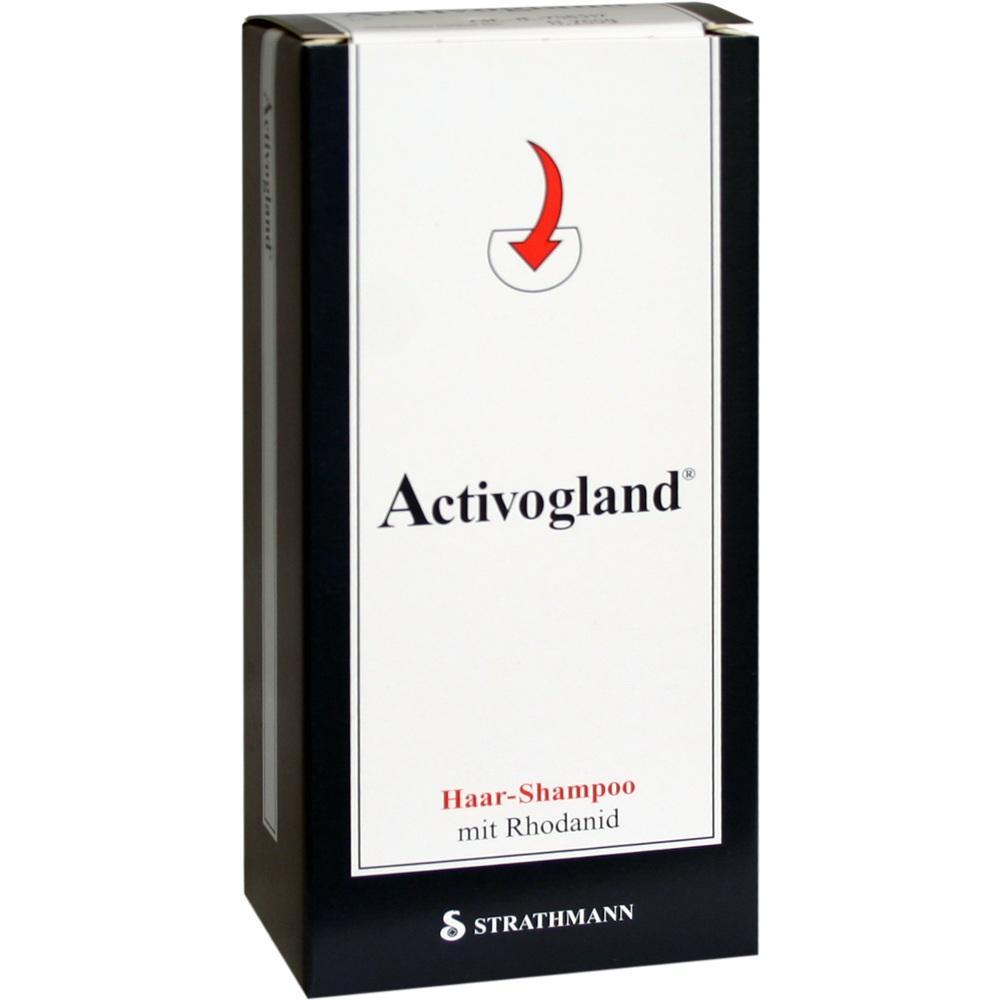Schwarze Shampoo-Verpackung mit der Aufschrift "Activogland Haar-Shampoo mit Rhodanid".