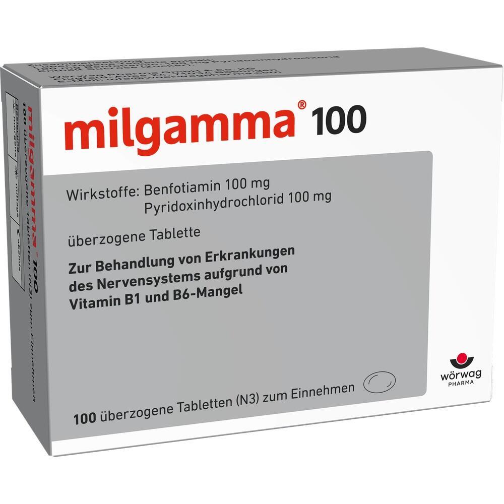 Eine weiße Medikamentenschachtel mit der Aufschrift "milgamma 100".