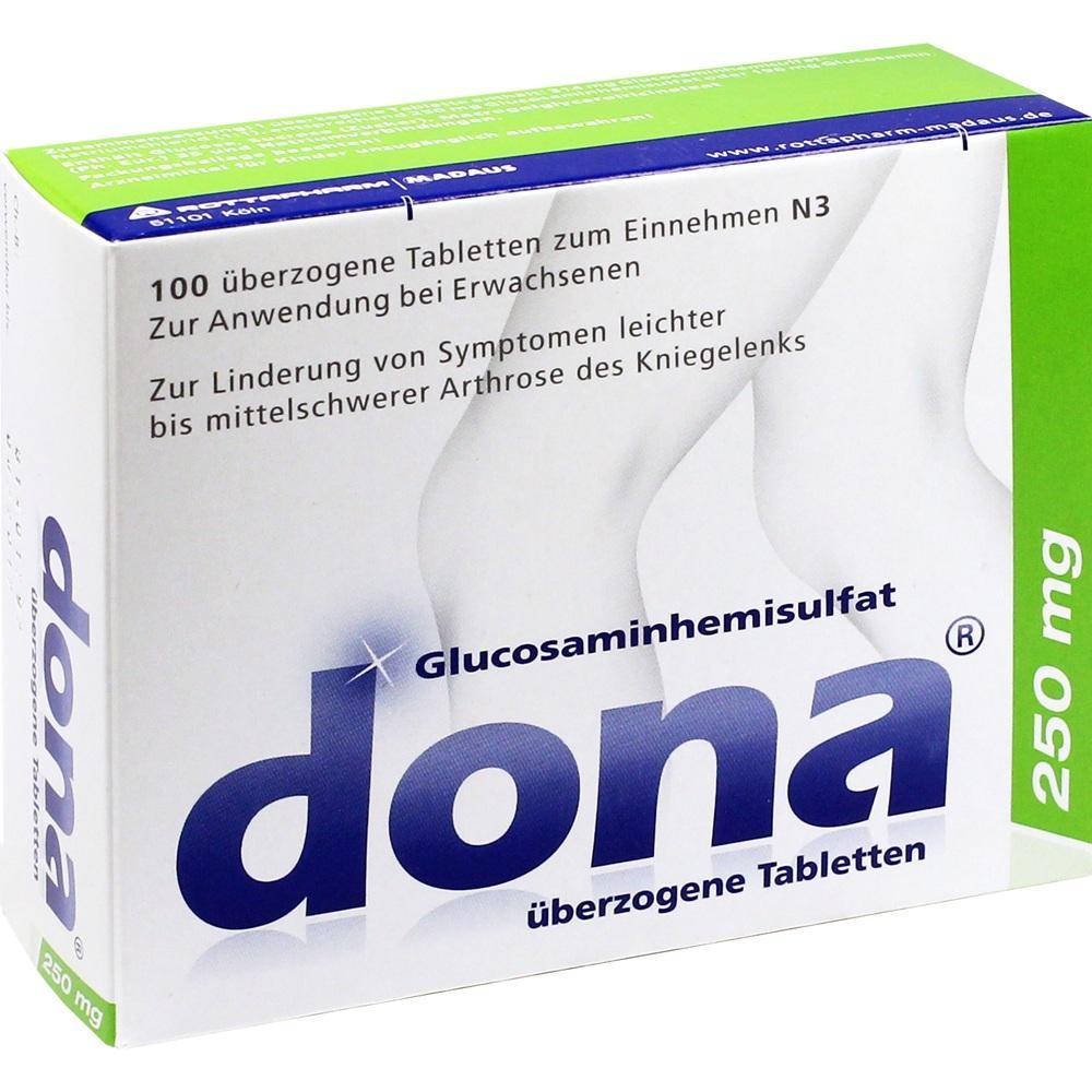 Verpackung von Medikament Dona zur Linderung von Kniearthrose-Symptomen.