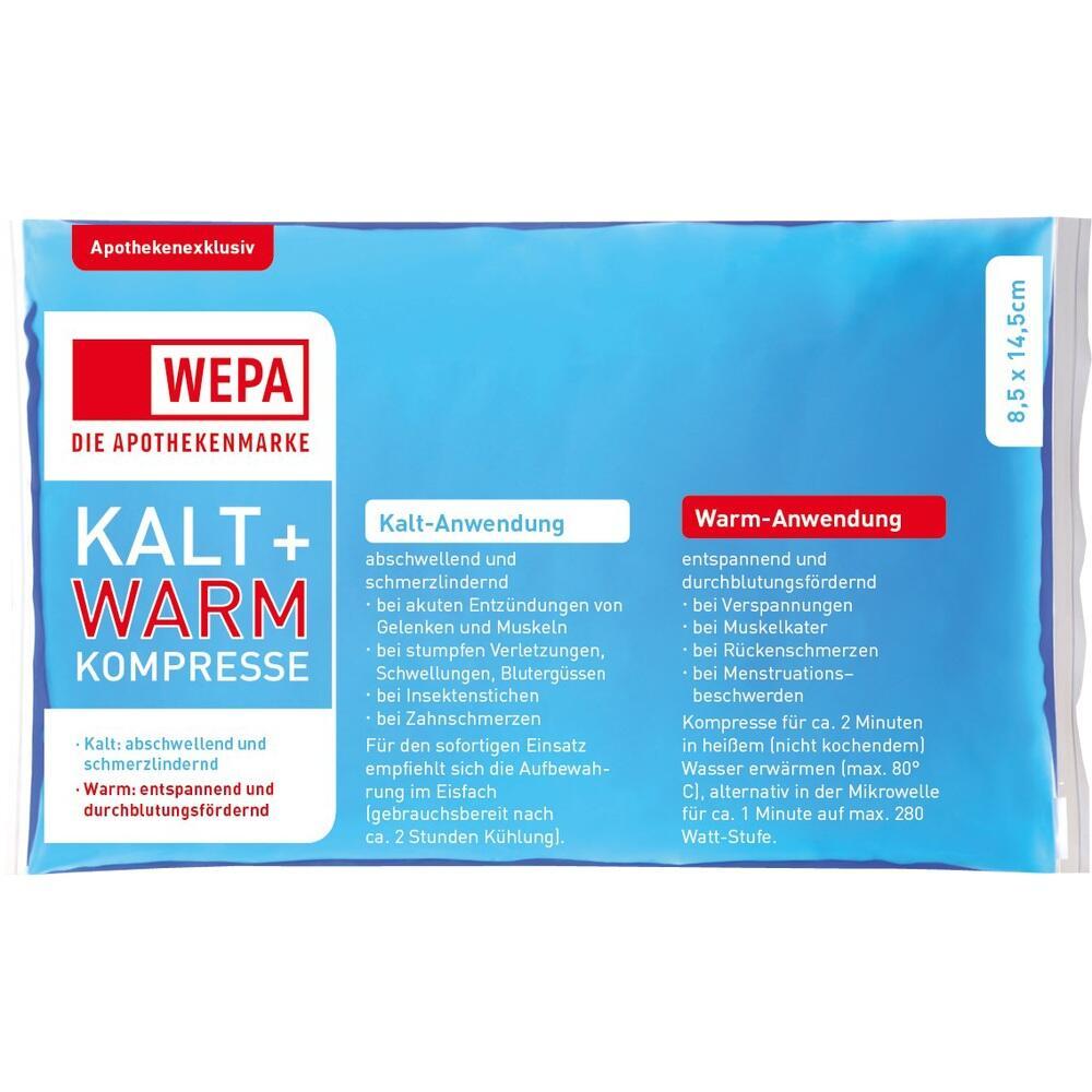 Blauer Beutel mit der Aufschrift &bdquo;Kalt + Warm Kompresse&ldquo; f&uuml;r verschiedene Anwendungen.