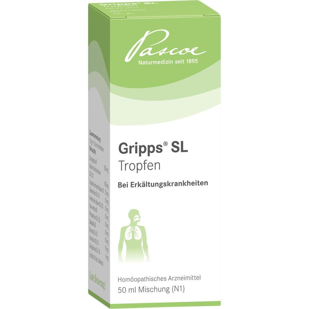 Grüner Karton mit Grippe-Tropfen für Erkältungen, 50 ml.