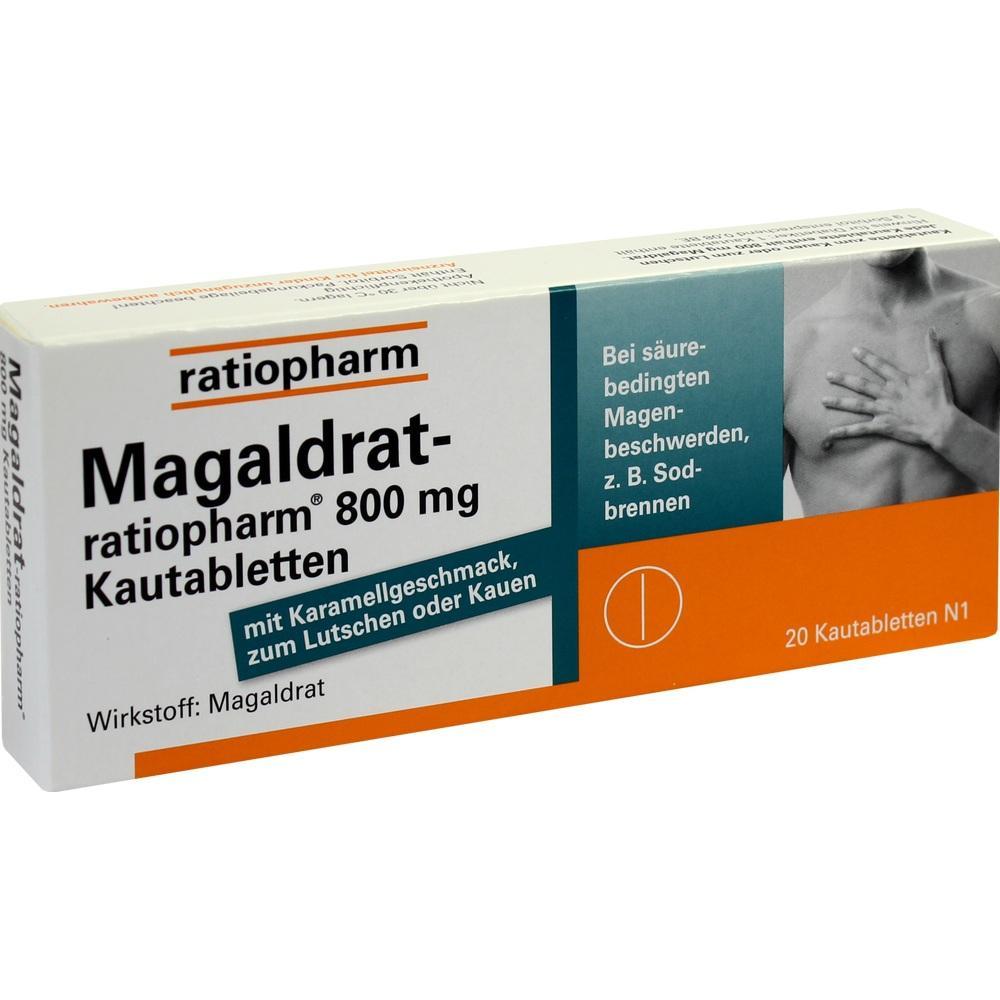 Eine Packung Magaldrat Kautabletten für Magenbeschwerden mit Karamellgeschmack.
