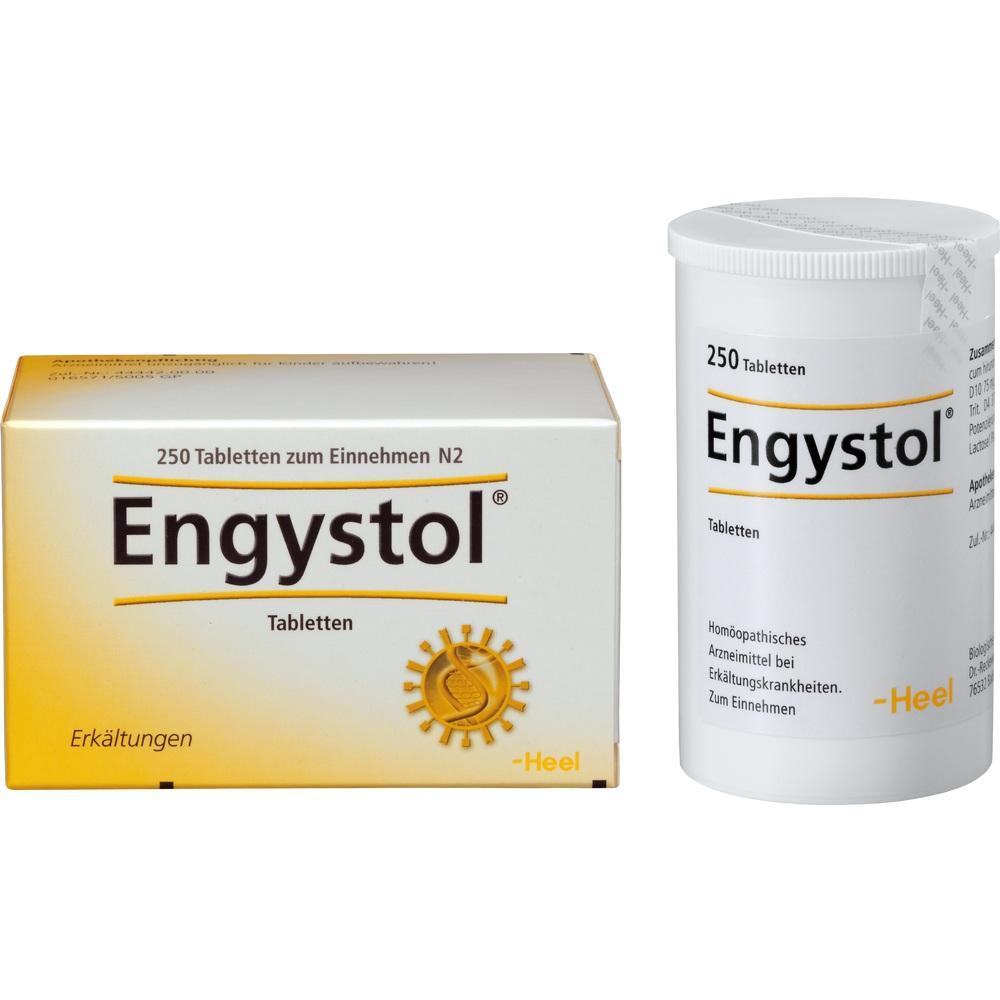 Eine Schachtel und eine Dose mit Tabletten namens Engystol.