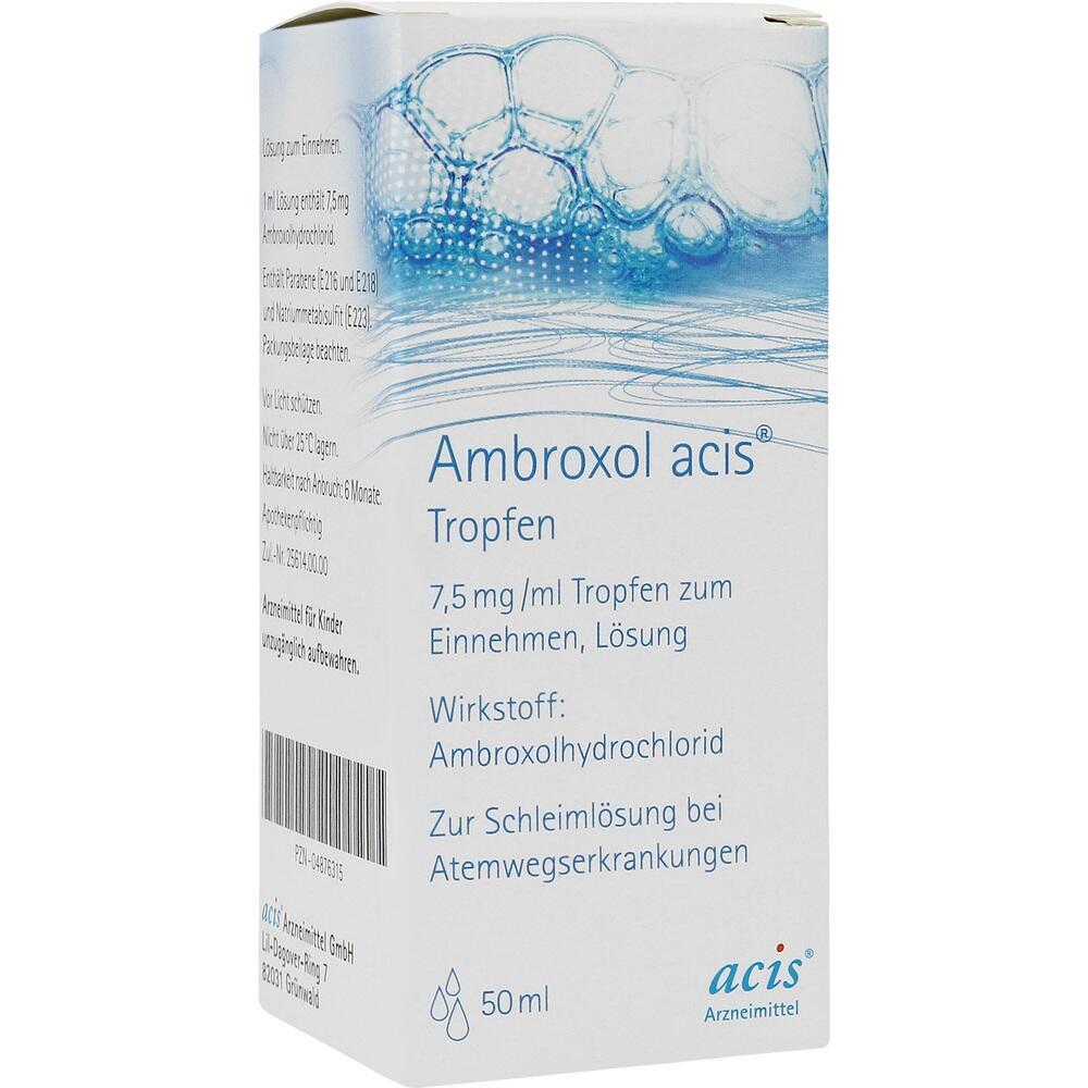 Eine Medikamentenpackung von Ambroxol acis Tropfen zur Schleimlösung bei Atemwegserkrankungen.