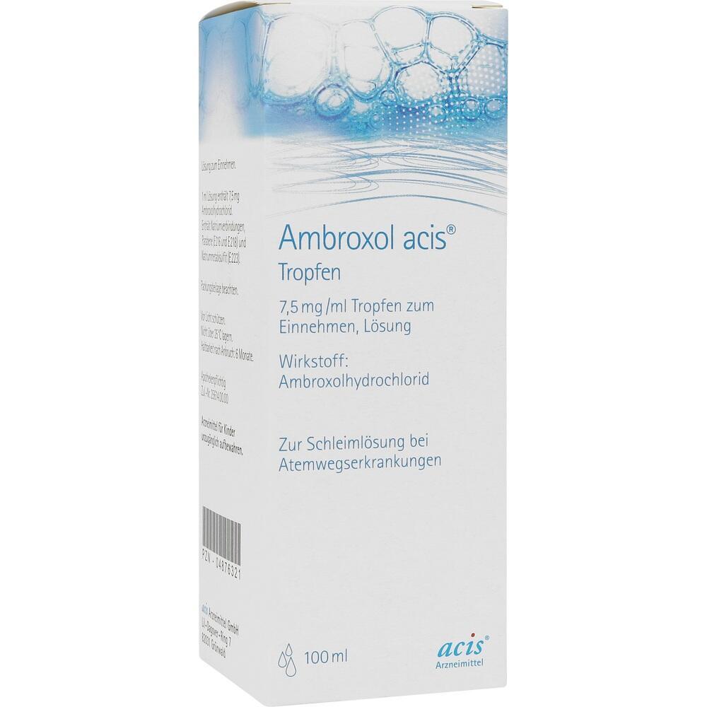 Weiße Verpackung mit blauer Schrift von Ambroxol acis Tropfen gegen Schleim in den Atemwegen.