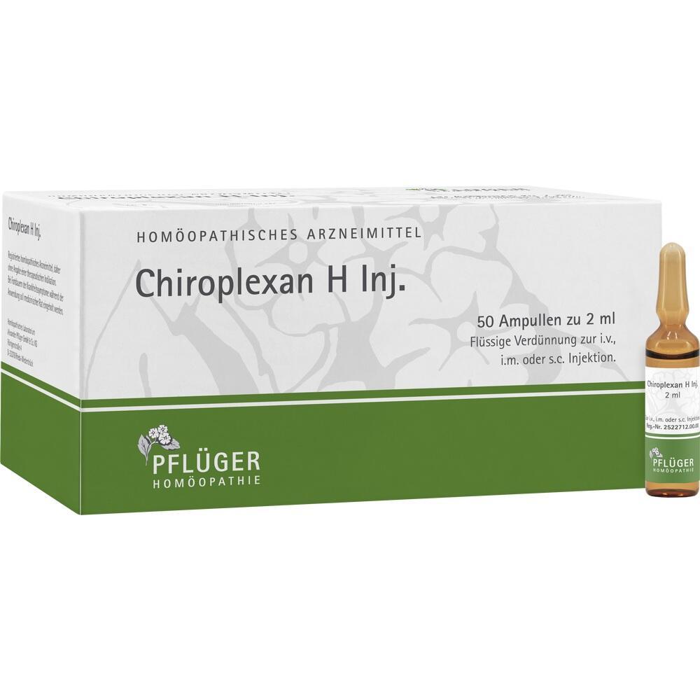 Packung mit Chiroplexan H Injektionsampullen für homöopathische Behandlungen.