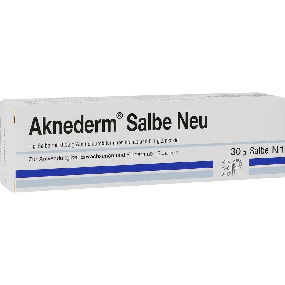 Weiße Schachtel mit der Aufschrift „Aknederm Salbe Neu“ für Hautpflege.