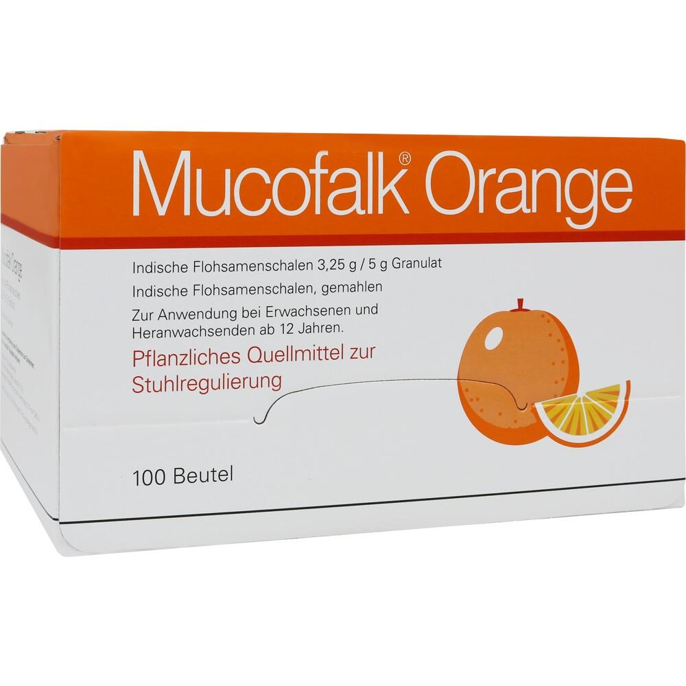 Orangefarbene Verpackung von Mucofalk, ein pflanzliches Mittel zur Stuhlregulierung.