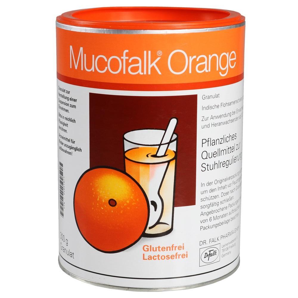 Eine Dose mit dem Aufdruck "Mucofalk Orange" und einem Bild von Saft und Orange.
