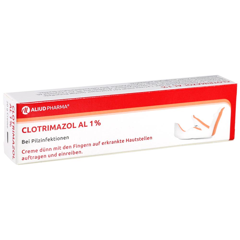 Eine rote und wei&szlig;e Medikamentenschachtel von Clotrimazol-Creme.