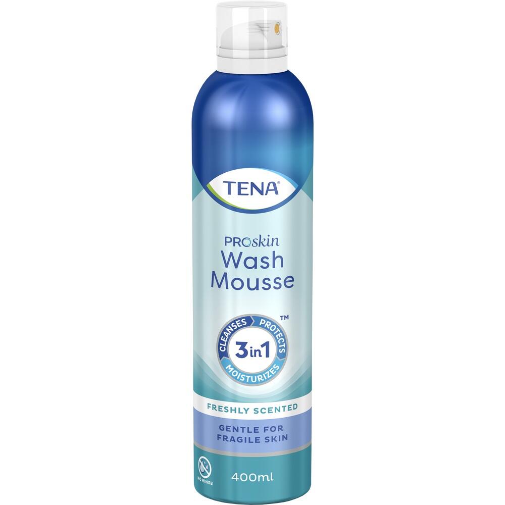 Eine blaue Flasche mit TENA ProSkin Wash Mousse, 400 ml.