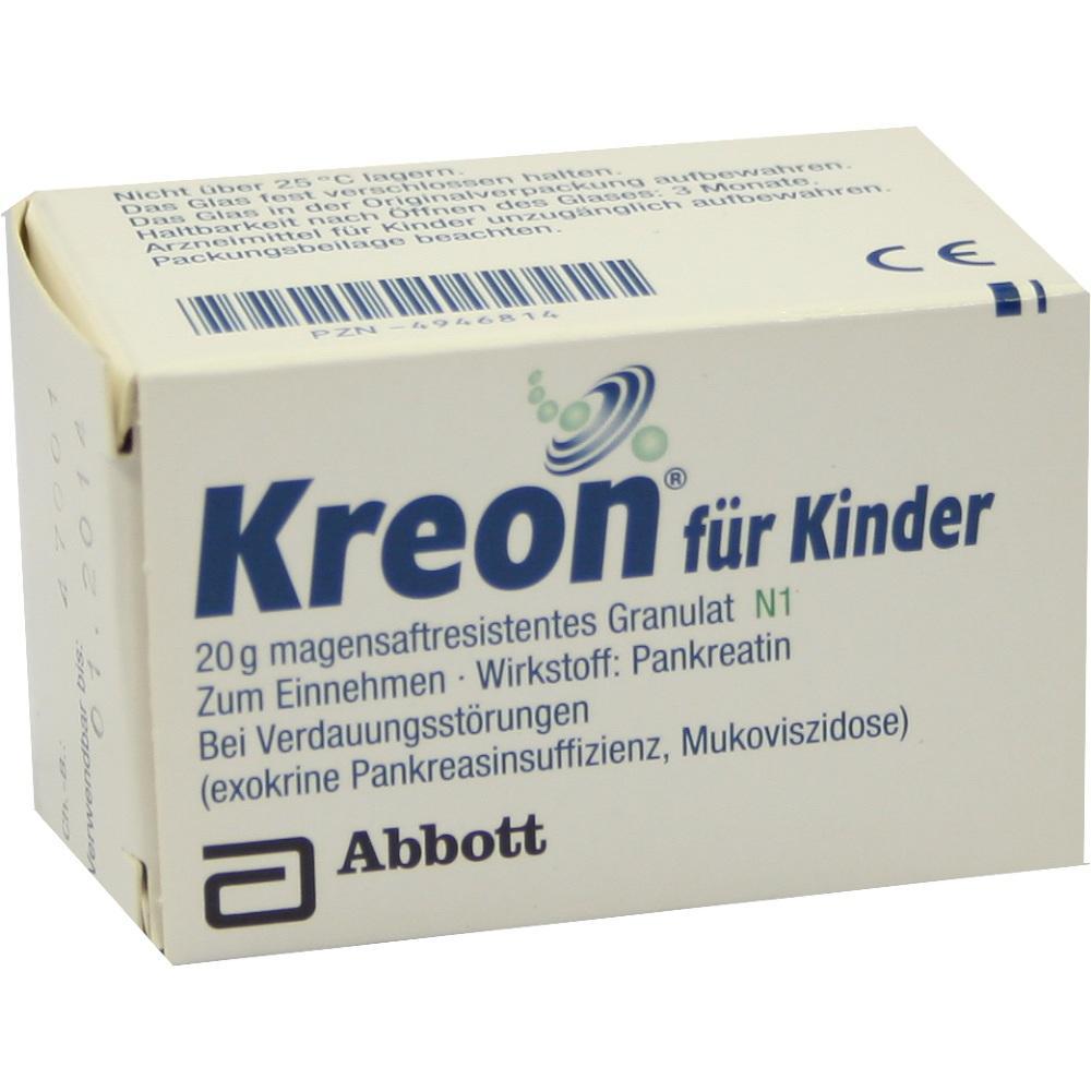 Packung von "Kreon für Kinder", einem Granulat zur Unterstützung bei Verdauungsproblemen.