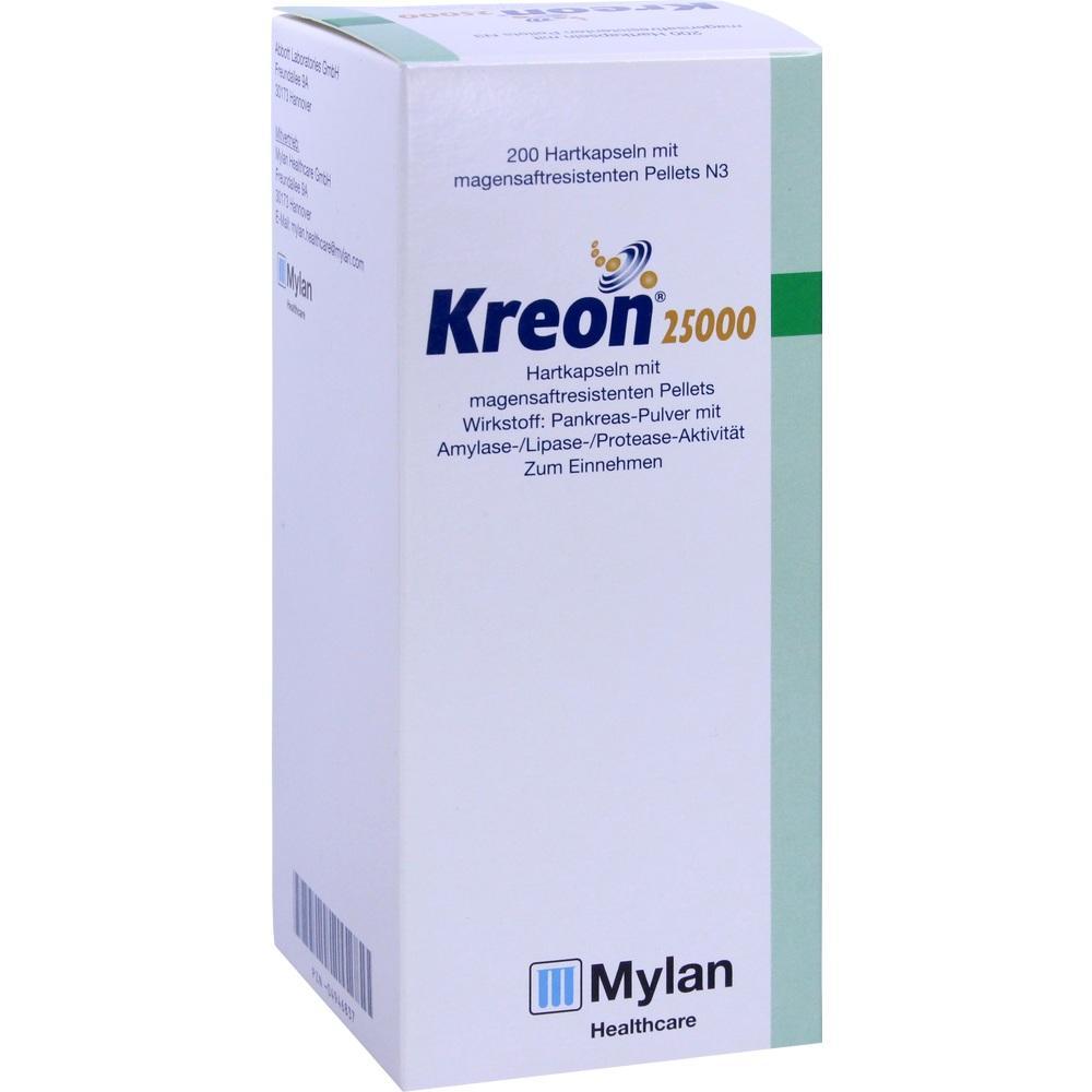 Eine Schachtel Kreon 25000 Kapseln von Mylan für Verdauungshilfe.