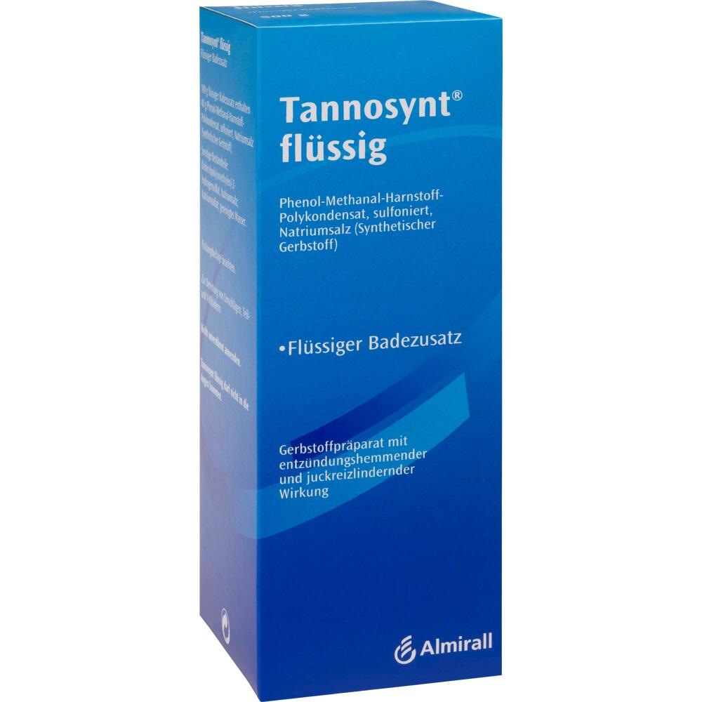 Blaue Verpackung mit der Aufschrift "Tannosynt flüssig" für Badezusatz.