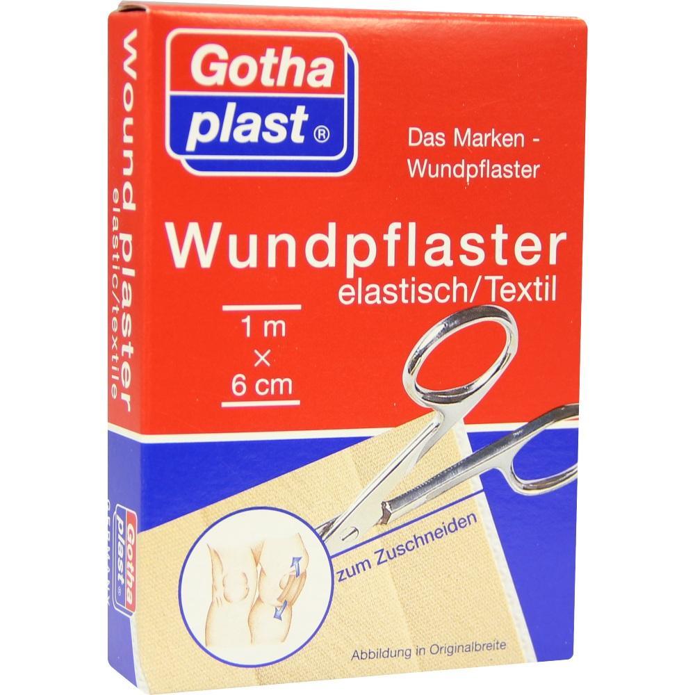 Rote Packung mit elastischem Wundpflaster, Schere, und Anwendungsbild.