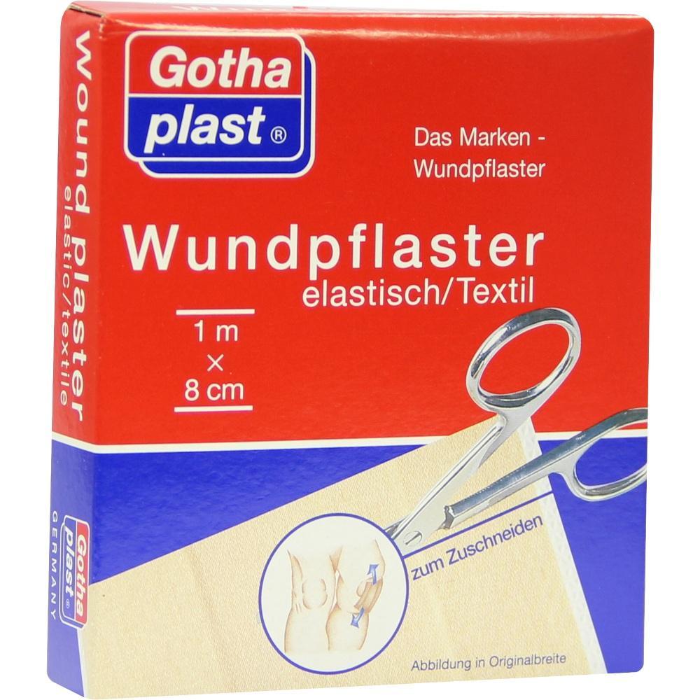 Rote Verpackung eines elastischen Wundpflasters mit Schere zum Zuschneiden.