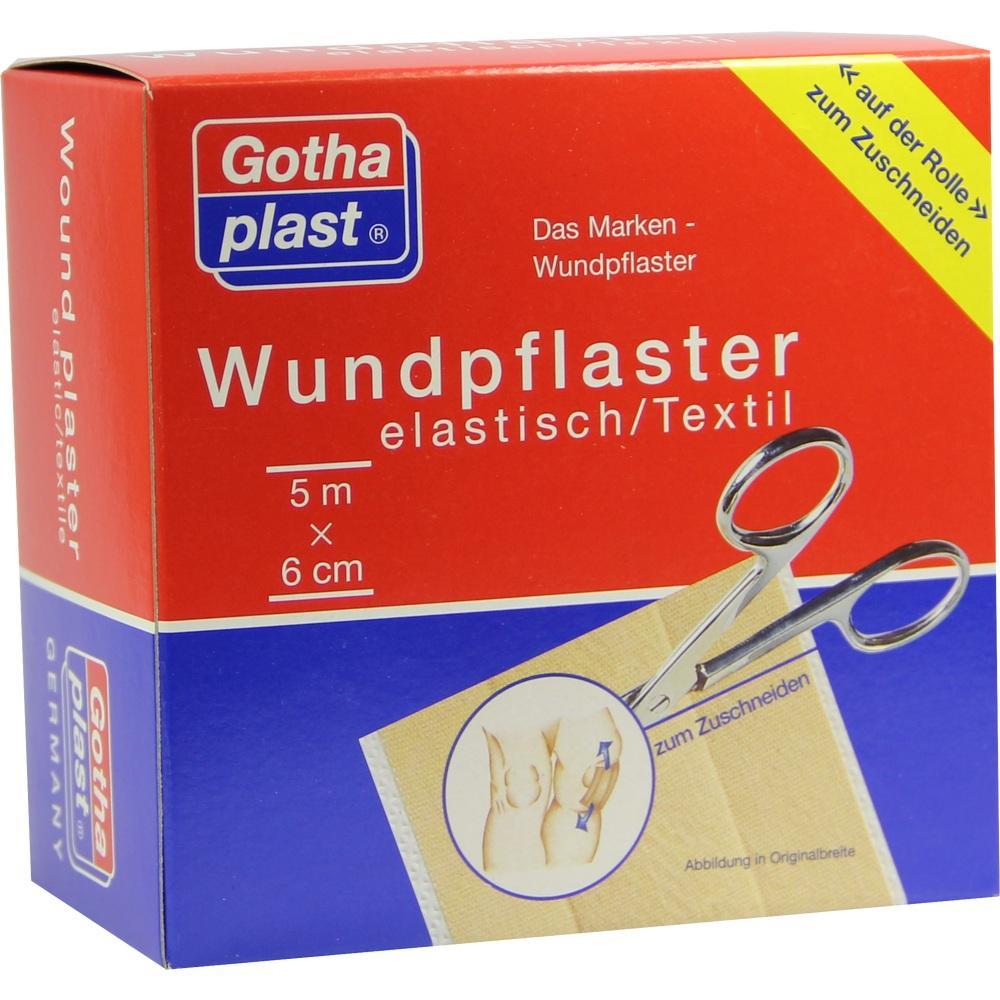 Rote und blaue Verpackung für elastisches Wundpflaster mit Schere zum Zuschneiden.
