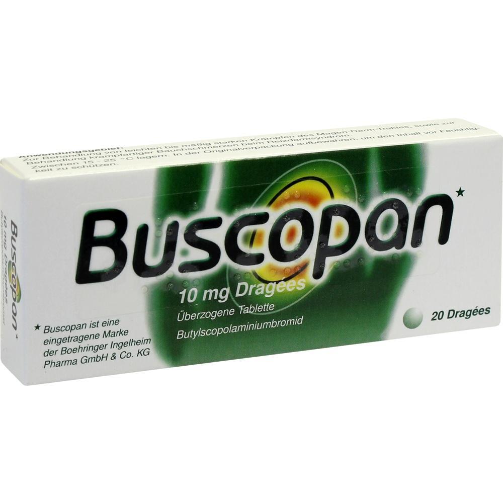 Wei&szlig;e Packung mit dem Medikamenten-Namen "Buscopan" in schwarzer Schrift.