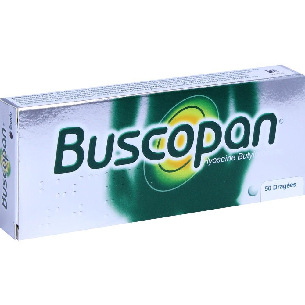 Eine Packung Buscopan mit 50 Dragees.