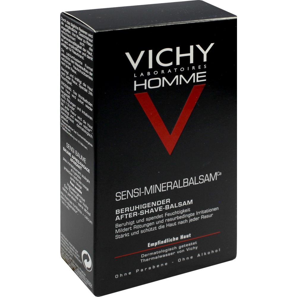 Eine schwarze Box mit Vichy Homme Sensi-Mineralbalsam für empfindliche Haut.