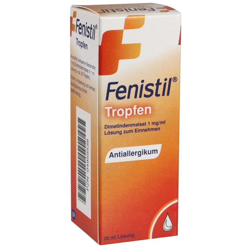 Orange-weiße Verpackung von Fenistil Tropfen, ein Antiallergikum.