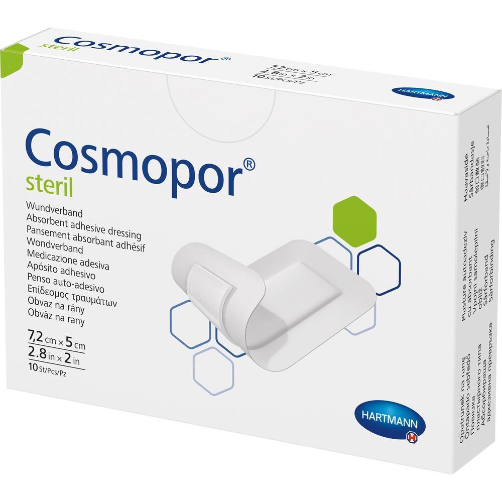 Eine Schachtel mit steril verpackten Wundverb&auml;nden der Marke Cosmopor.