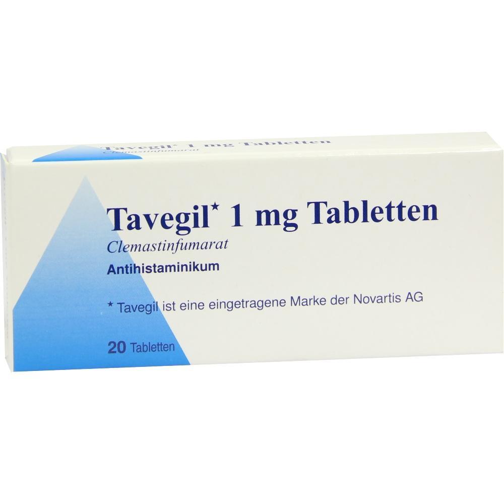 Verpackung von Tavegil Tabletten mit 1 mg Antihistaminikum Clemastinfumarat.