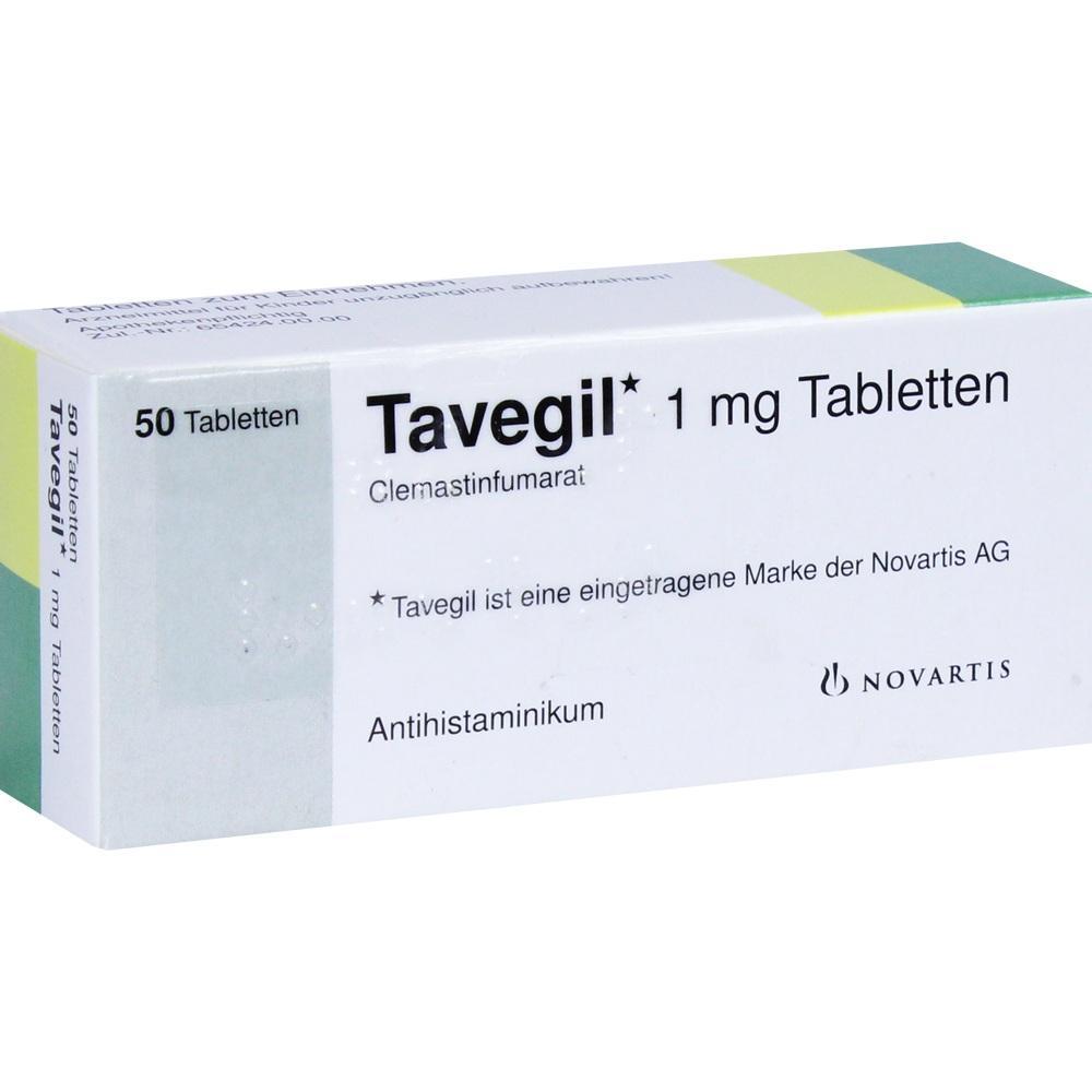 Die Packung zeigt das Medikament Tavegil mit 50 Tabletten gegen Allergien.
