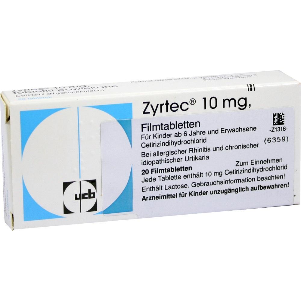 Eine Zyrtec-Schachtel mit 10 mg Filmtabletten gegen Allergien.