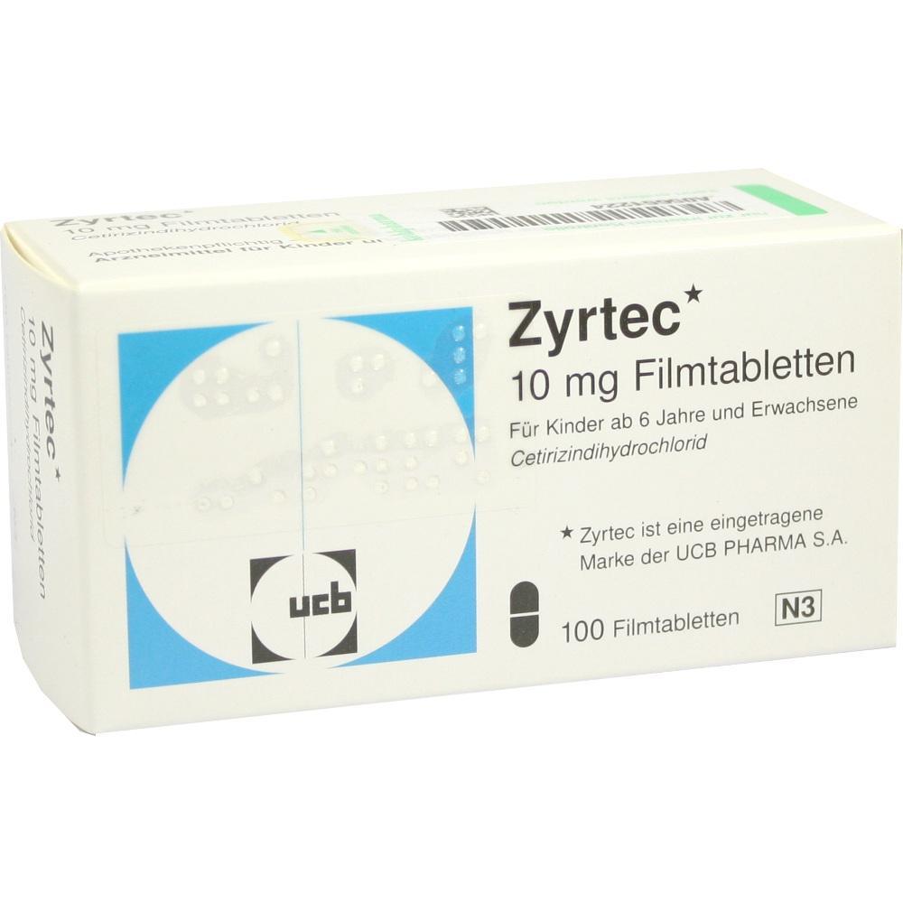 Eine Schachtel Zyrtec-Tabletten f&uuml;r Allergien mit 100 Filmtabletten, f&uuml;r Kinder ab 6 Jahren.