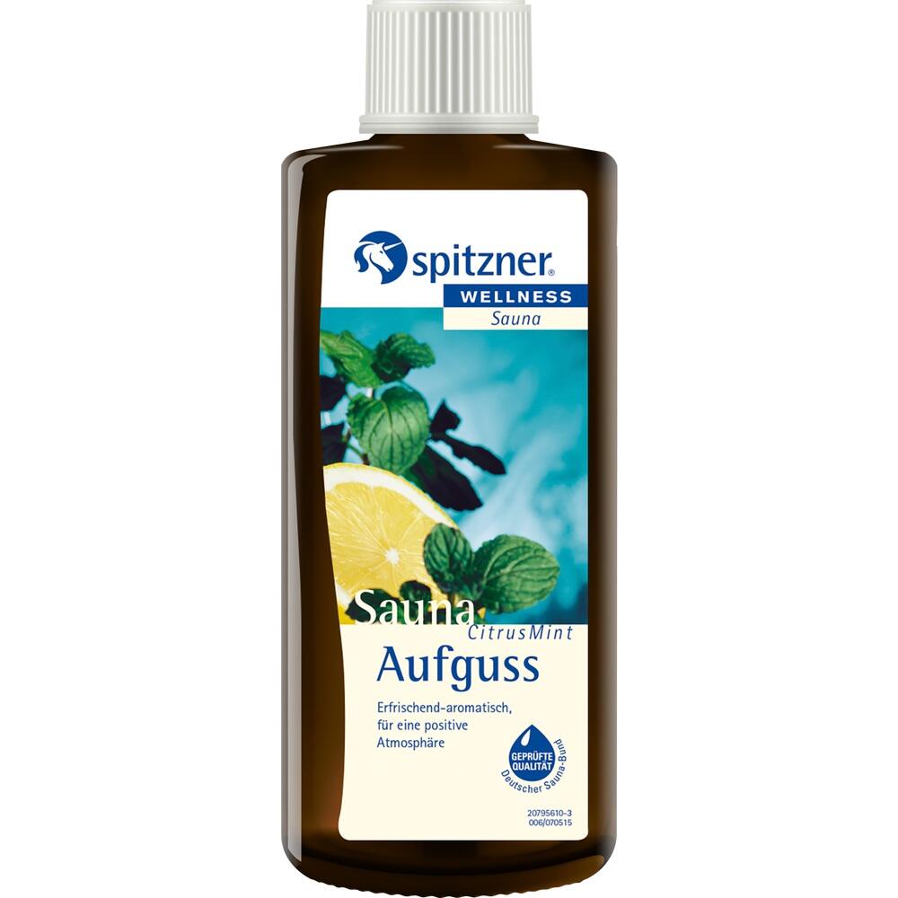 Braune Flasche mit Etikett "Sauna CitrusMint Aufguss" und Zitronen-Minz-Dekor.