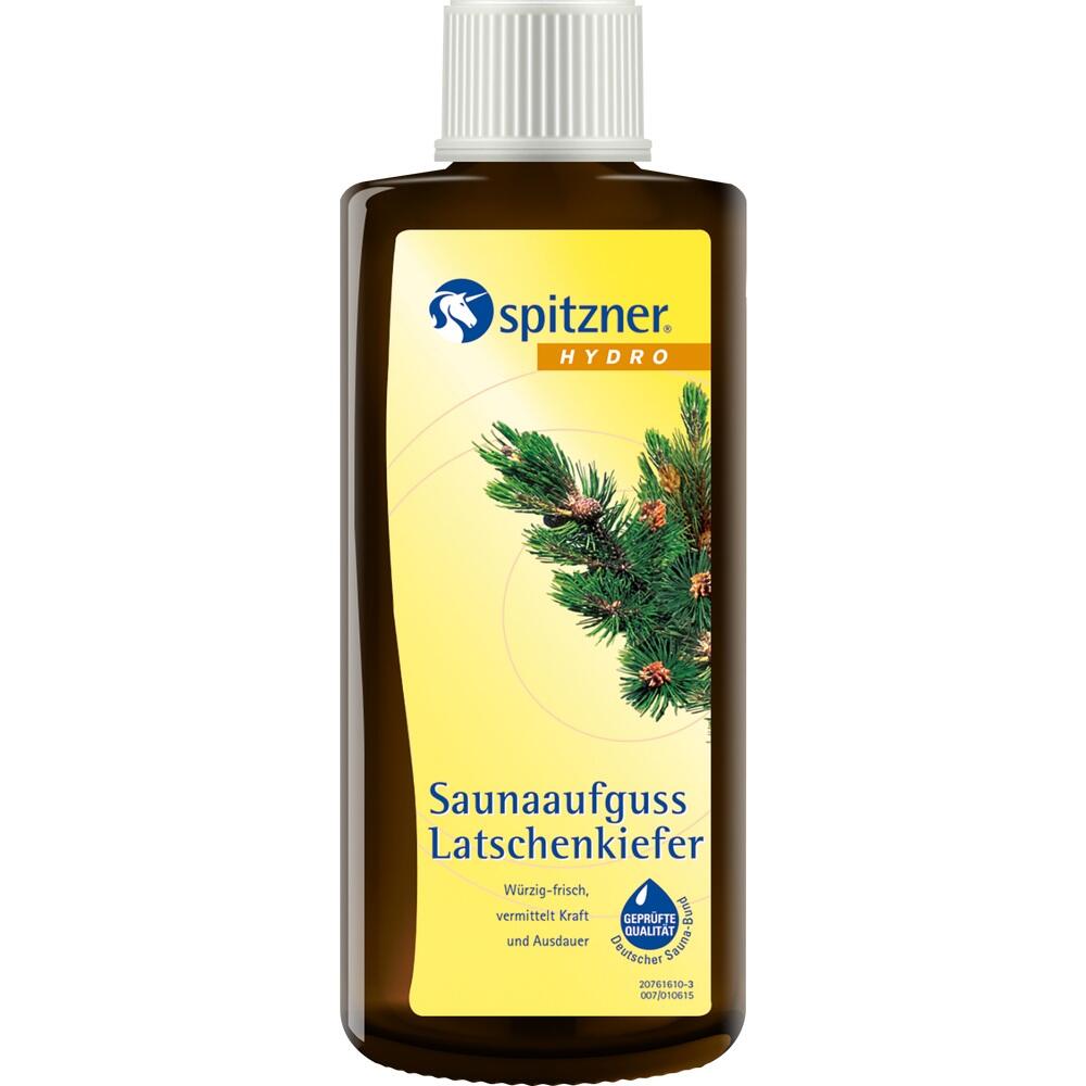 Braune Flasche mit Aufschrift "Saunaaufguss Latschenkiefer" und einem Bild von Kieferzweigen.