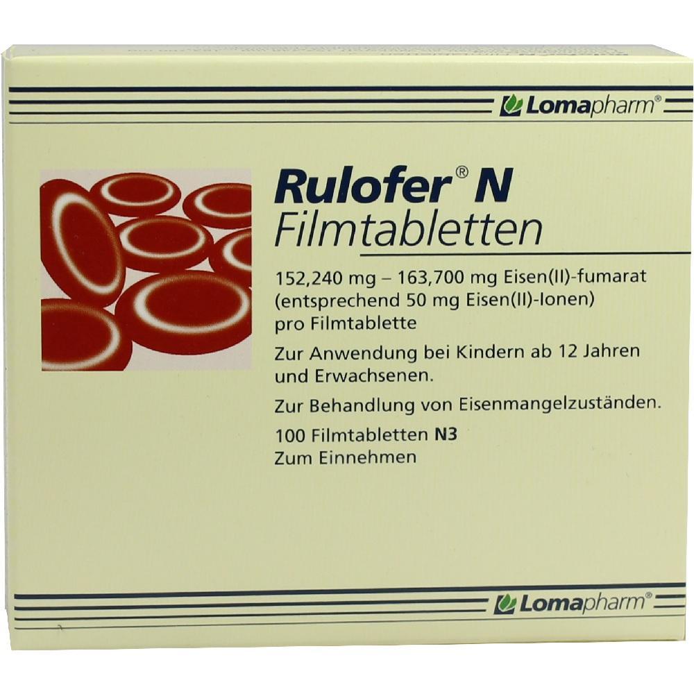 Eine Packung Rulofer N Filmtabletten zur Behandlung von Eisenmangel.