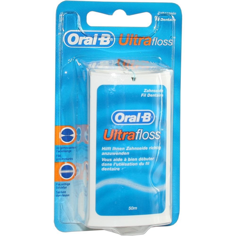 Verpackung von Oral-B Zahnseide namens Ultrafloss in blau und orange.
