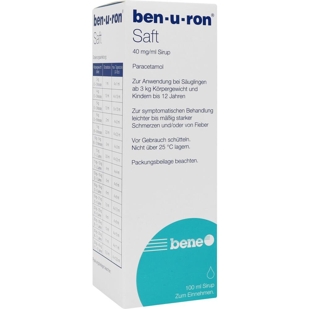 Verpackung von ben-u-ron Saft mit 100 ml f&uuml;r Kinder mit dem Wirkstoff Paracetamol.