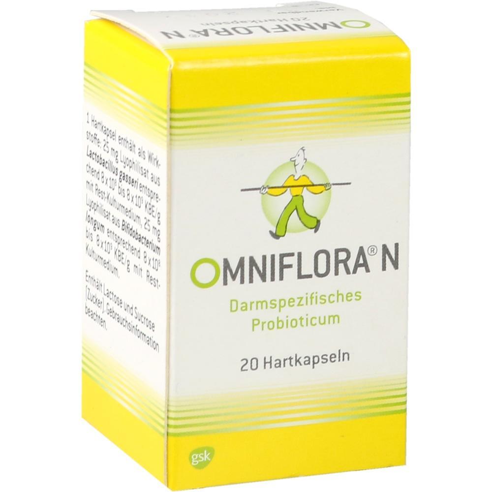 Gelbe und weiße Verpackung von Omniflora N mit 20 Probiotika-Hartkapseln.