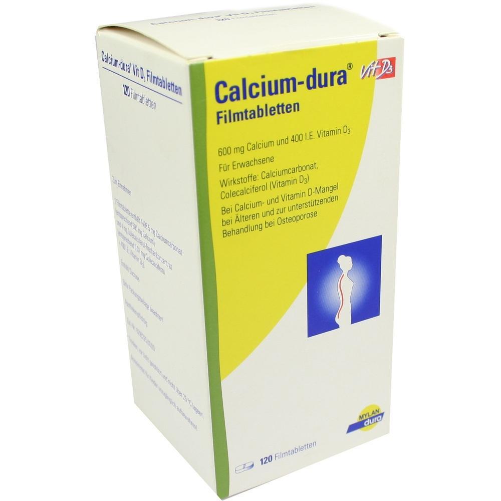 Packung mit Calcium- und Vitamin-D3-Tabletten zur Unterst&uuml;tzung bei Osteoporose.