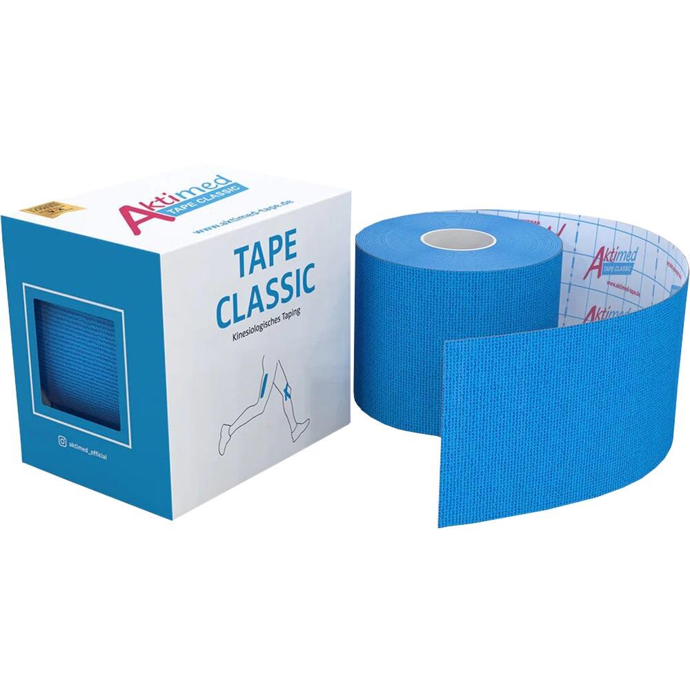 Eine blaue Rolle Kinesiologie-Tape neben einer Verpackung.