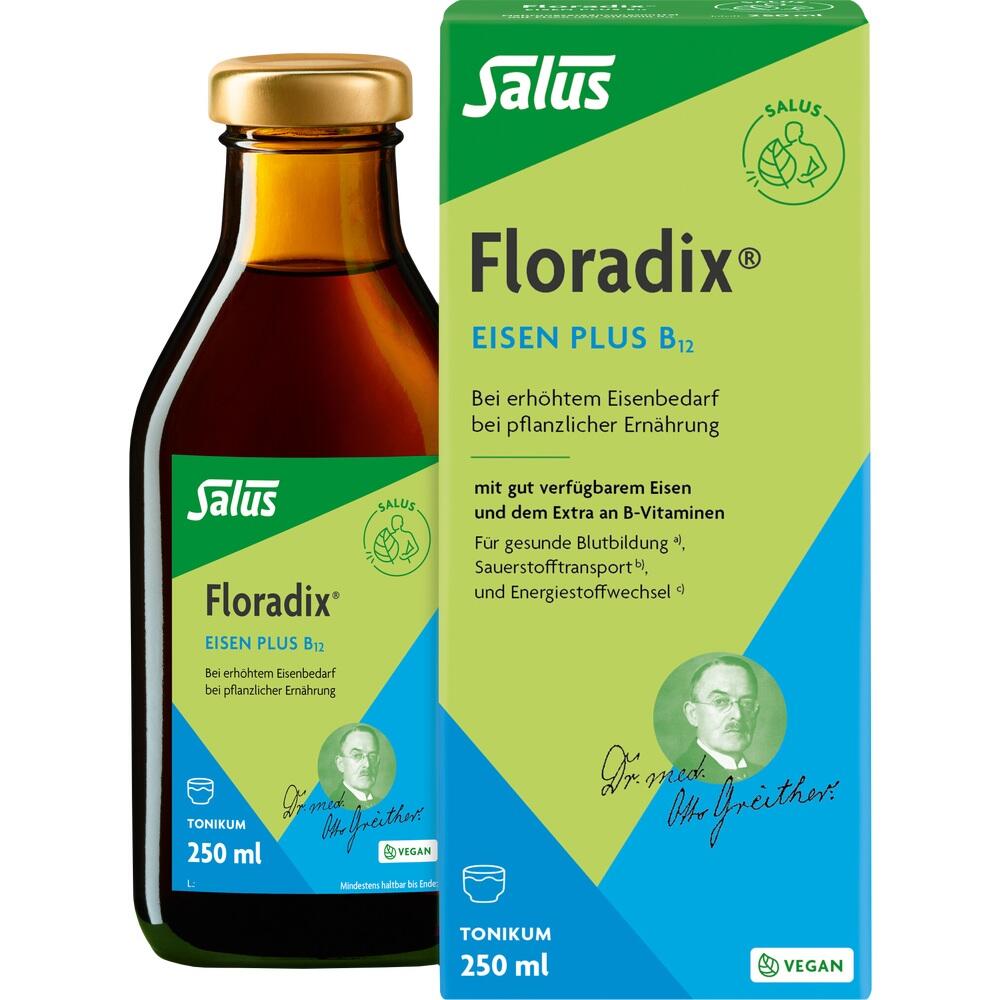 Eine Flasche und Packung Floradix Eisen plus B12 Tonikum mit 250 ml Inhalt.