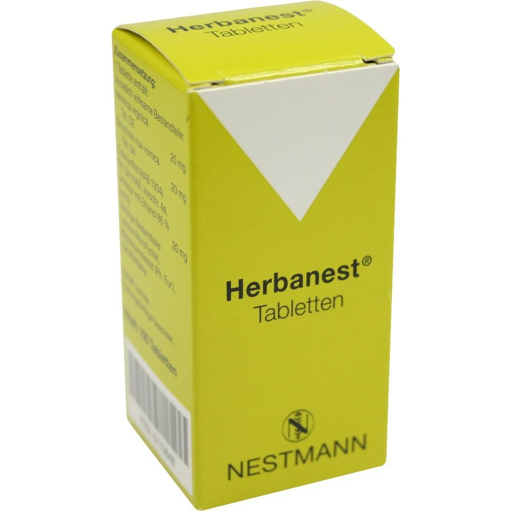 Gelbe Medikamentenschachtel mit der Aufschrift "Herbanest Tabletten".