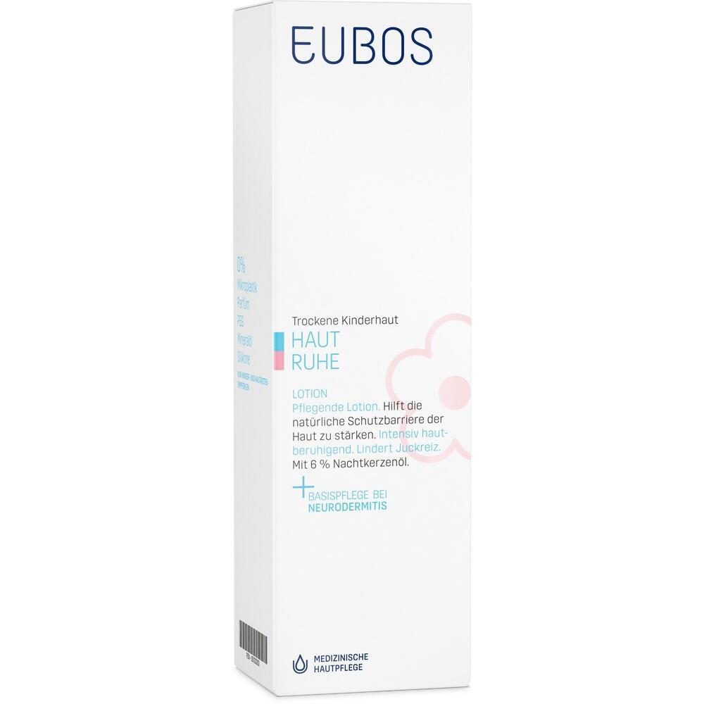 Eine weiße Lotion-Verpackung für trockene Kinderhaut von Eubos.