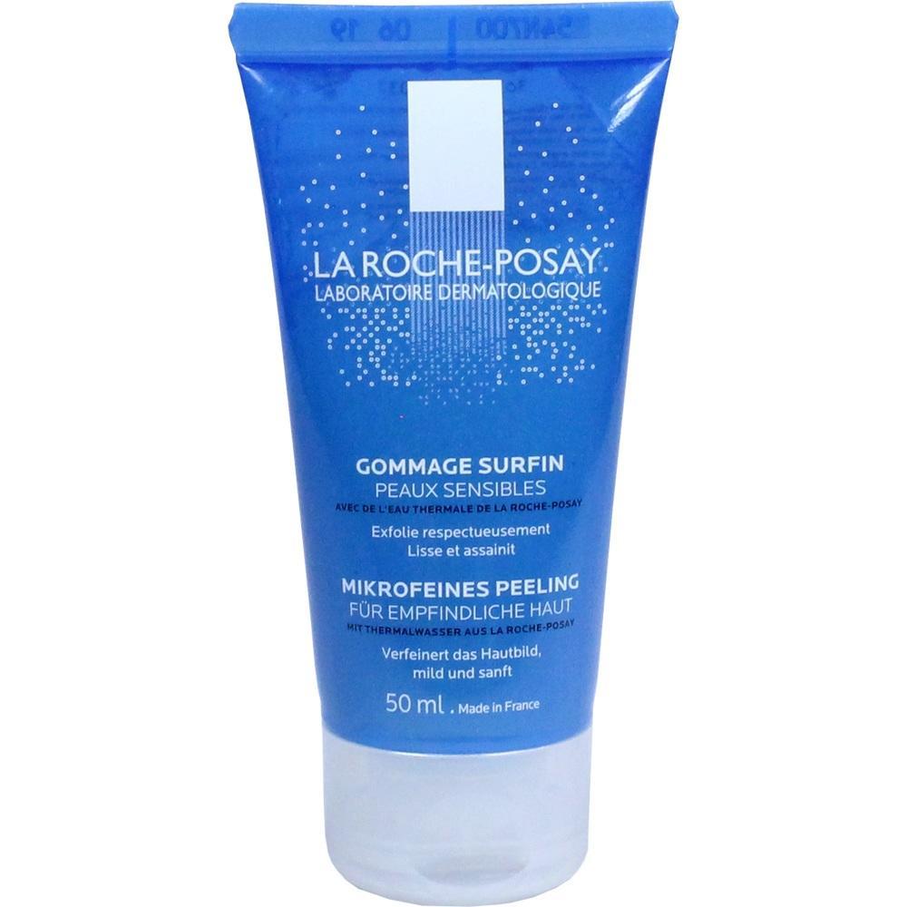 Blaue Tube mit Aufschrift "Mikrofeines Peeling für empfindliche Haut" von La Roche-Posay.