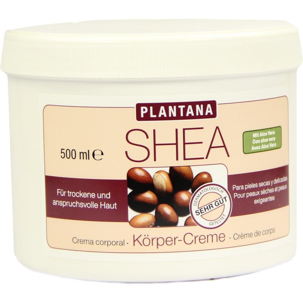 Eine Plastikdose mit dem Etikett "Plantana Shea Körper-Creme, 500 ml".