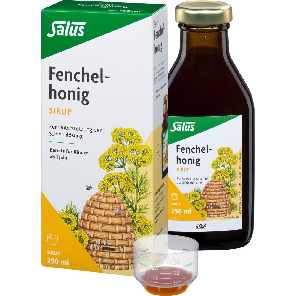 Flasche und Verpackung von Fenchelhonig-Sirup mit einem Messbecher.